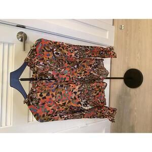 bl^nk London Multicolor Animal Print Long Sleeve Tie Front Blouse Orange M